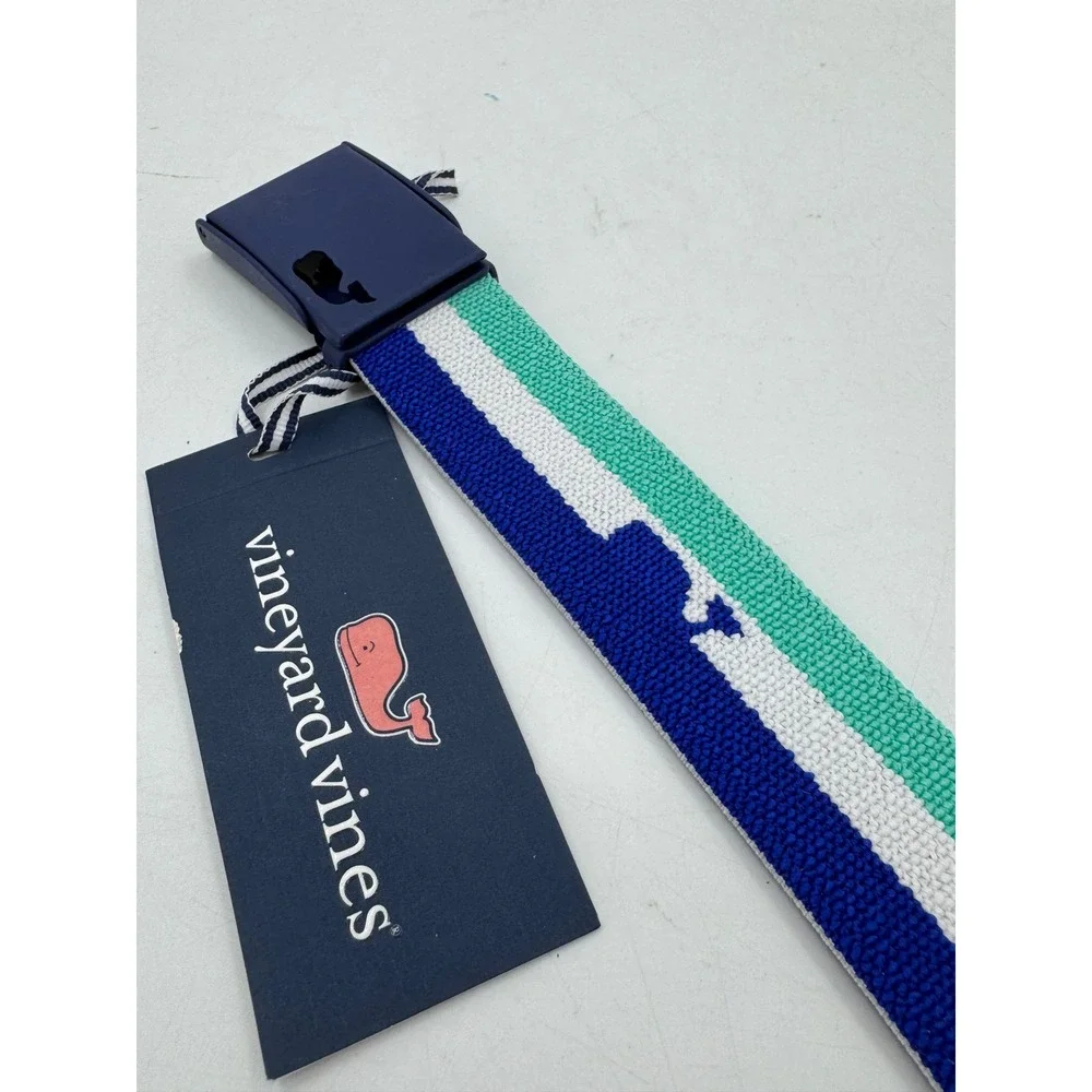Vineyard Vines Whale Stripe Golf Tech Belt Capri Blue 1A5027‎ Mens Small NWT